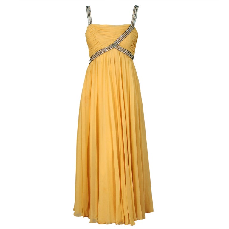 1960's Yellow Ruched Silk-Chiffon Sequin Rhinestone Party Dress