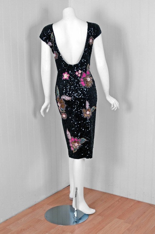 1950's Gene Shelly Beaded-Sequin Floral Backless Cocktail Dress 2