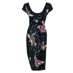 Retro 1950's Gene Shelly Beaded-Sequin Floral Backless Cocktail Dress