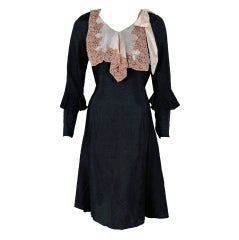 1930's Elegant Black Silk & Ivory Satin Poet-Sleeves Day Dress