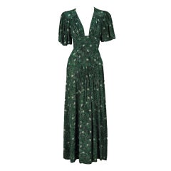 Vintage 1970's Ossie Clark Green-Silk Celia Birtwell Print Plunge Dress