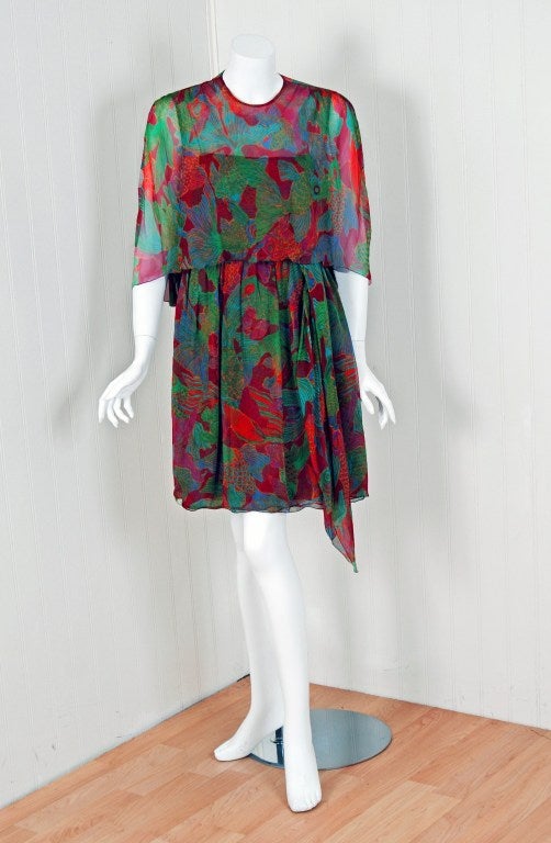 1960's Galanos Watercolor Novelty Fish Print SilkChiffon Capelet