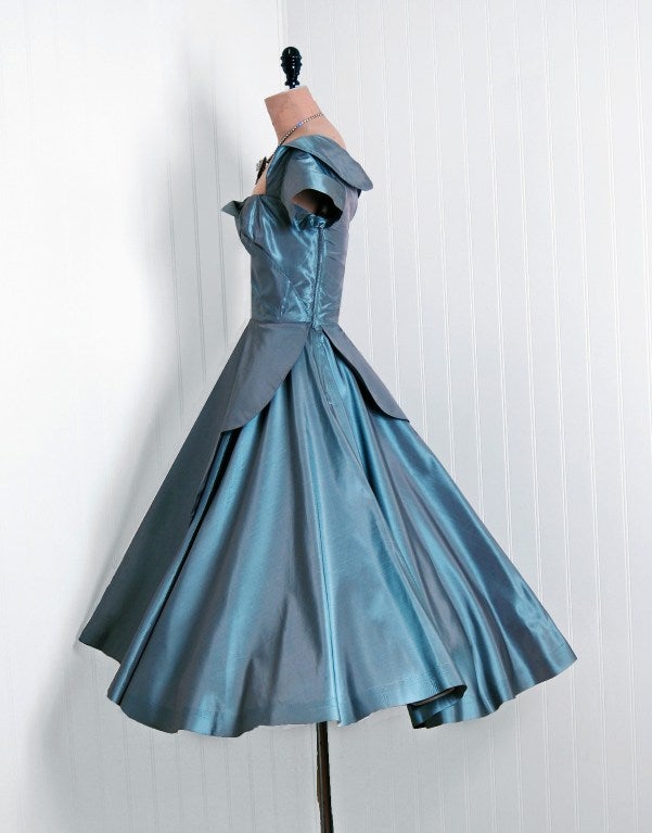Women's 1950's Ceil Chapman Steel-Blue Silk Scalloped Full Party Dress