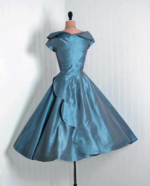 1950's Ceil Chapman Steel-Blue Silk Scalloped Full Party Dress 1