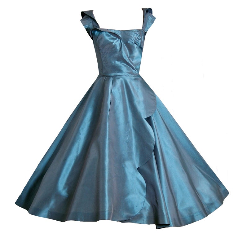 1950's Ceil Chapman Steel-Blue Silk Scalloped Full Party Dress