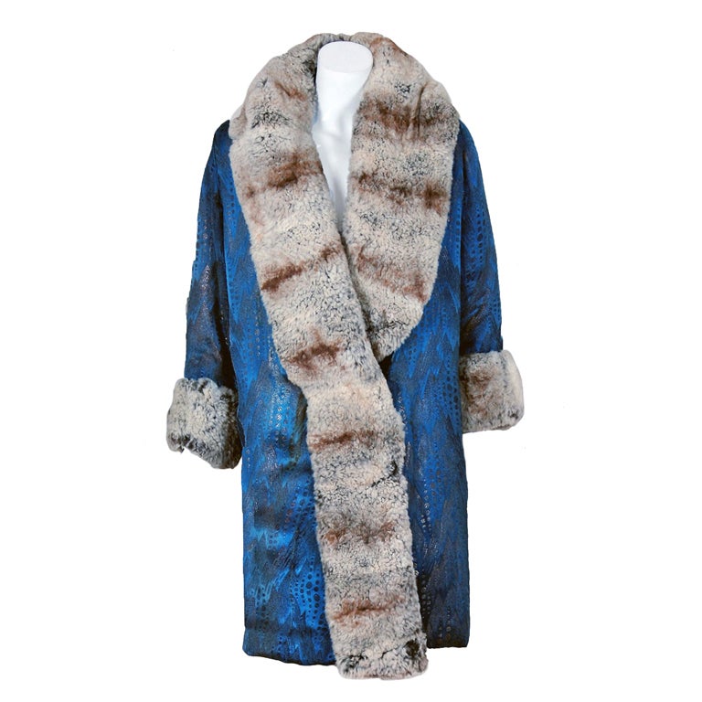 1920's Chinchilla-Fur & Metallic Blue-Lame Flapper Evening Coat