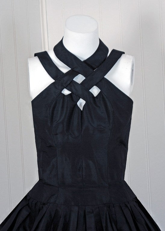 1950's Suzy Perette Black Silk Ribbon-Weave Halter Full Cocktail Party Dress In Excellent Condition In Beverly Hills, CA