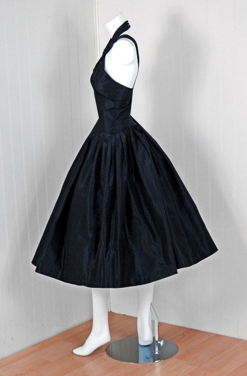 Women's 1950's Suzy Perette Black Silk Ribbon-Weave Halter Full Cocktail Party Dress