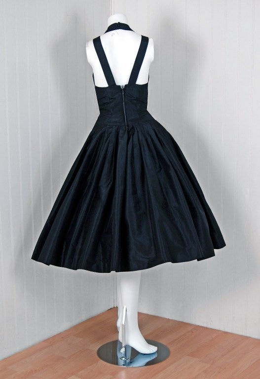 1950's Suzy Perette Black Silk Ribbon-Weave Halter Full Cocktail Party Dress 1
