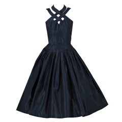 Vintage 1950's Suzy Perette Black Silk Ribbon-Weave Halter Full Cocktail Party Dress