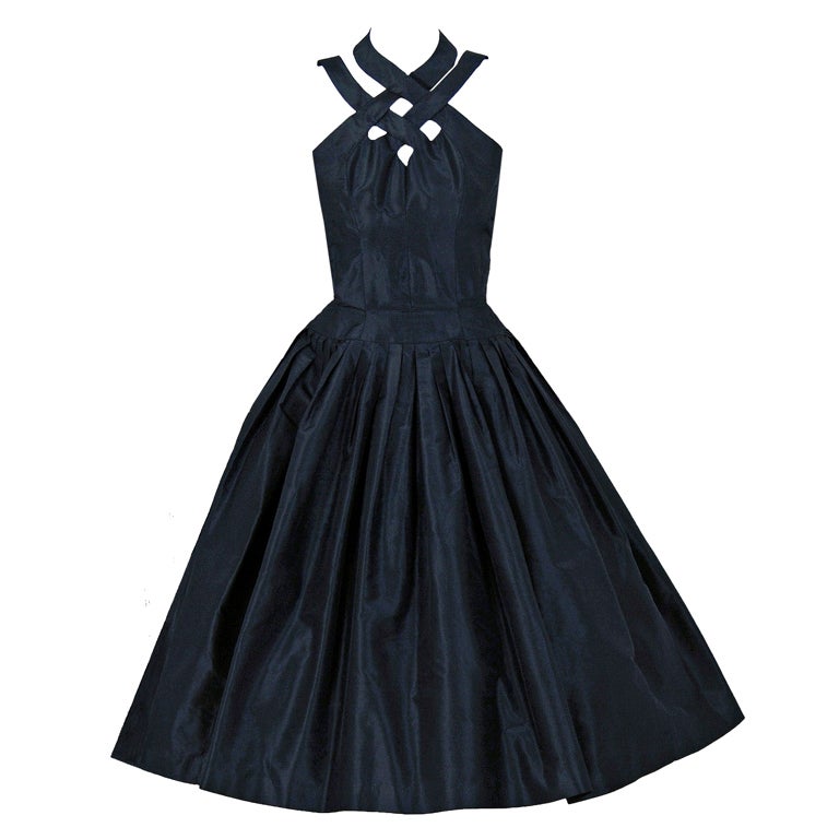 1950's Suzy Perette Black Silk Ribbon-Weave Halter Full Cocktail Party Dress