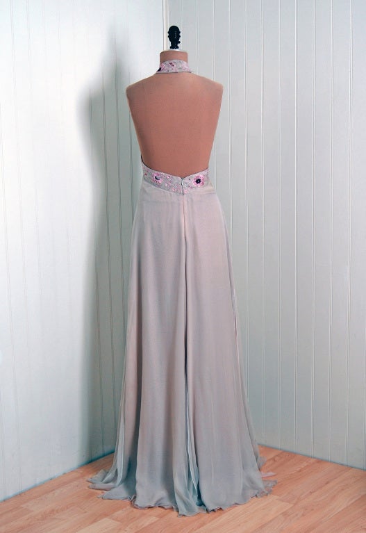 Women's 1970's Valentino Embroidered Beaded Mauve Silk Chiffon Halter Backless Gown