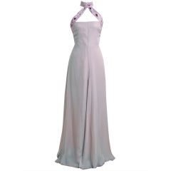 1970's Valentino Embroidered Beaded Mauve Silk Chiffon Halter Backless Gown