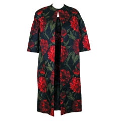 1950's Watercolor Red-Roses Print Cocktail Dress & Evening Coat