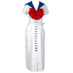 Retro 1968 Norman Norell Couture Nautical Sailor Bow Novelty White Linen Belted Dress