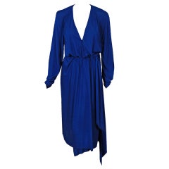 1970's Halston Sapphire-Blue Jersey Low-Plunge Belted Grecian Dress