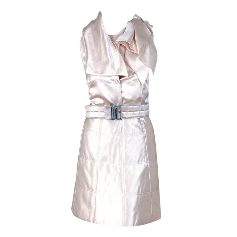 1990's Chanel Ivory-White Satin Draped-Collar Belted Mini Cocktail Dress