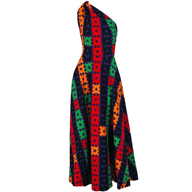 1970's Lanvin Couture Colorful Textured Pique Cotton One-Shoulder Maxi Dress