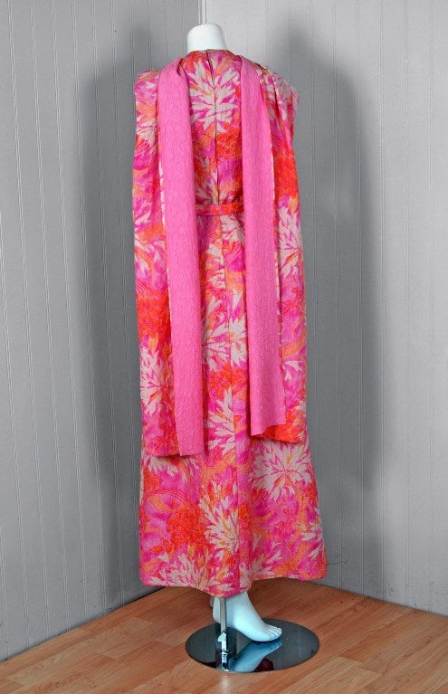 1960's Mainbocher Watercolor Floral Silk Back Duel-Trains Gown 1
