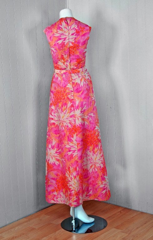 1960's Mainbocher Watercolor Floral Silk Back Duel-Trains Gown 2