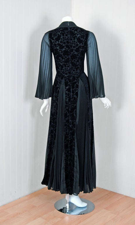 1970's Thea Porter Couture Black Cut-Velvet & Pleated Chiffon Bell-Sleeve Dress 2