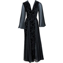1970's Thea Porter Cut-Velvet & Pleated-Chiffon Black Maxi Dress 3