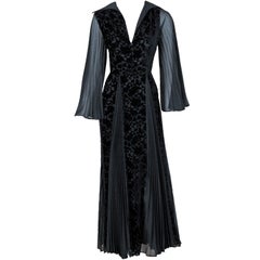 1970's Thea Porter Couture Black Cut-Velvet & Pleated Chiffon Bell-Sleeve Dress