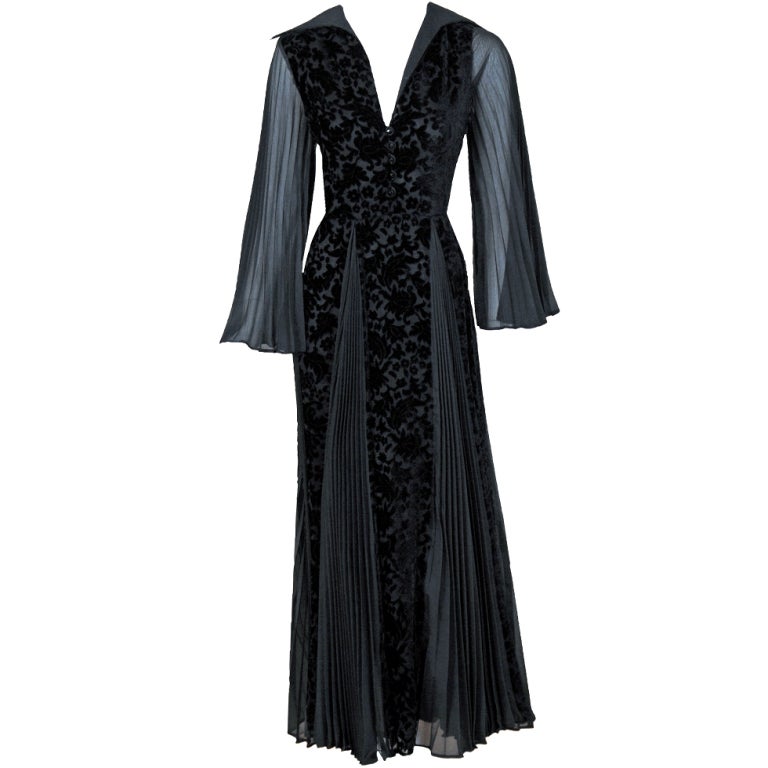 1970's Thea Porter Couture Black Cut-Velvet and Pleated Chiffon Bell ...