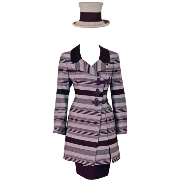 Jacques Fath Haute-Couture Striped Silk Jacket Skirt Pants Hat 4-Piece Set, 1994