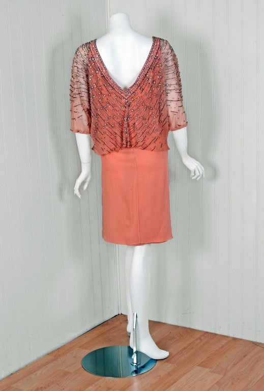 Orange Vintage 1977 Christian Dior Haute Couture Beaded Sequin Peach Silk Capelet Dress