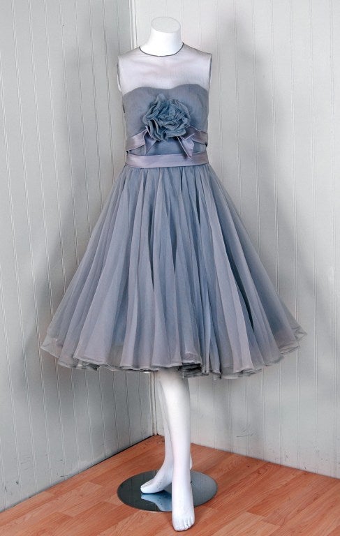 1950's Harvey Berin Dove-Gray Silk Chiffon Applique Party Dress