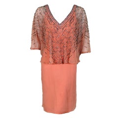 Christian Dior Haute Couture Beaded Sequin Peach Draped Silk Goddess Dress, 1975