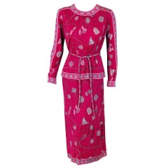 1960's Emilio Pucci Pink Op-Art Print Silk-Jersey Belted Dress Ensemble