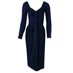 1950
s Ceil Chapman Navy-Blue Ruched Silk-Jersey Hourglass Cocktail Dress