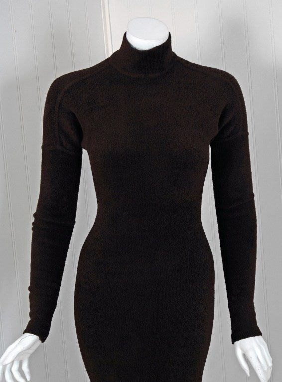 1990's Azzedine Alaia Chocolate-Brown Bodycon Hourglass Knit Wiggle Dress In Excellent Condition In Beverly Hills, CA