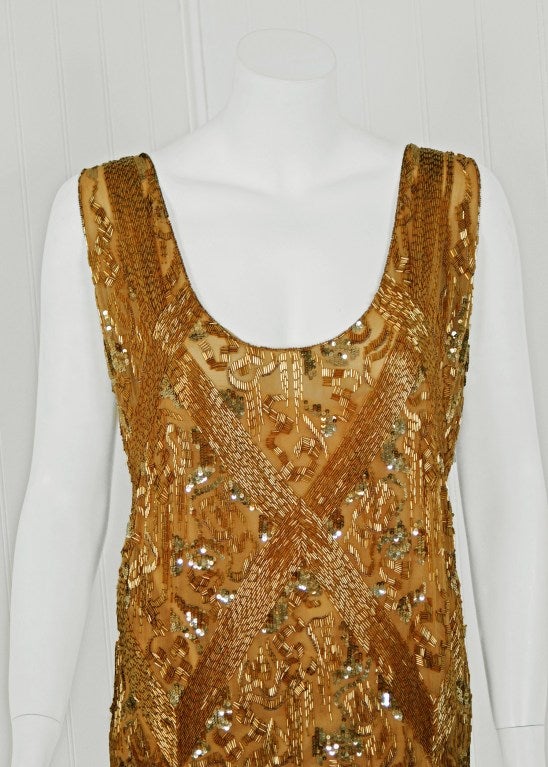 1920's French Metallic-Gold Beaded & Sequin Silk-Chiffon Flapper Dress In Excellent Condition In Beverly Hills, CA