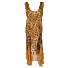 1920's French Metallic-Gold Beaded & Sequin Silk-Chiffon Flapper Dress