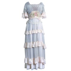 1910's Edwardian Ivory-White Lace & Watercolor Garden-Floral Silk Tea Dress
