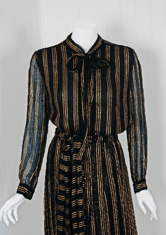 Women's 1970's Chanel Metallic-Gold Black Striped Silk-Knit Belted Dress
