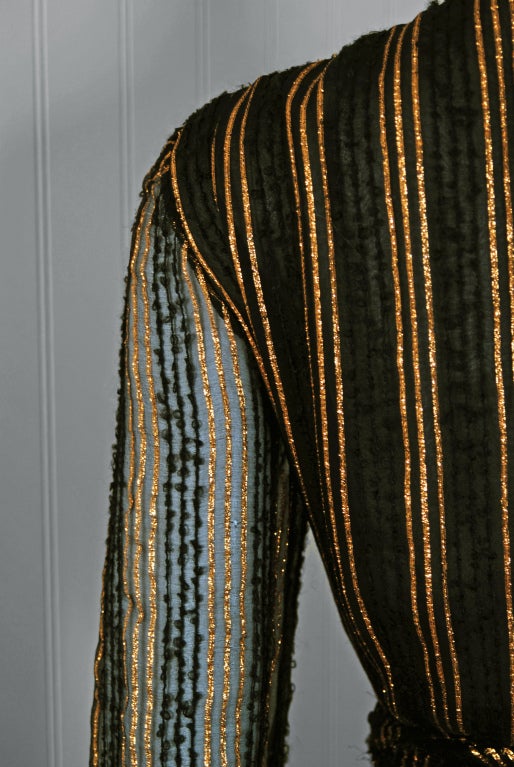 1970's Chanel Metallic-Gold Black Striped Silk-Knit Belted Dress 1