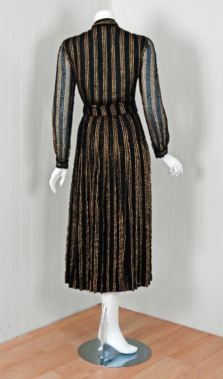 1970's Chanel Metallic-Gold Black Striped Silk-Knit Belted Dress 3
