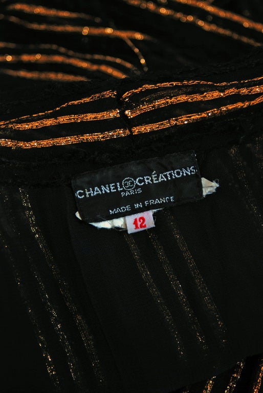 1970's Chanel Metallic-Gold Black Striped Silk-Knit Belted Dress 4