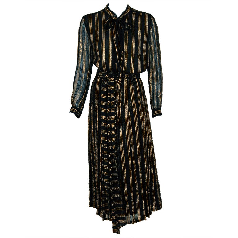 1970's Chanel Metallic-Gold Black Striped Silk-Knit Belted Dress