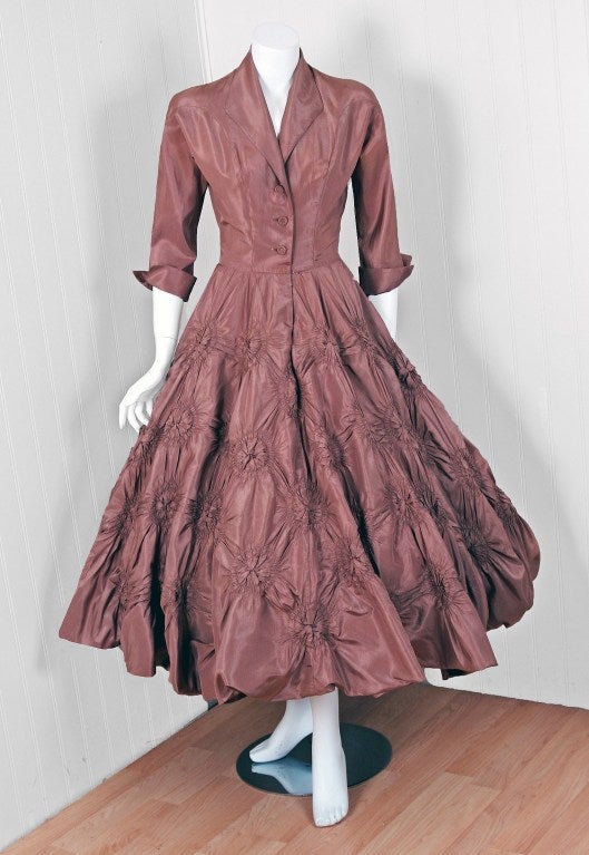 1950's Ceil Chapman Silk-Taffeta Mocha Ruched Full Party Dress