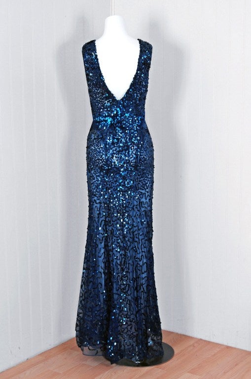 1930's Seductive Sapphire-Blue Sequin Bias-Cut Evening Gown 2