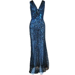 Vintage 1930's Seductive Sapphire-Blue Sequin Bias-Cut Evening Gown