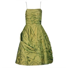 1950's Stunning Chartreuse-Green Beaded Ruched Satin Full Cocktail Party Dress 11