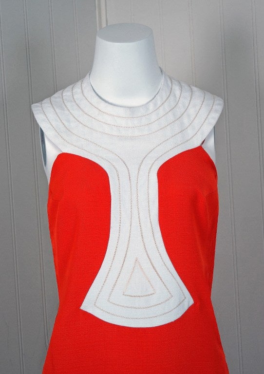 1960's Pierre Cardin Space-Age Couture Orange Block-Color Linen Mod Dress In Excellent Condition In Beverly Hills, CA