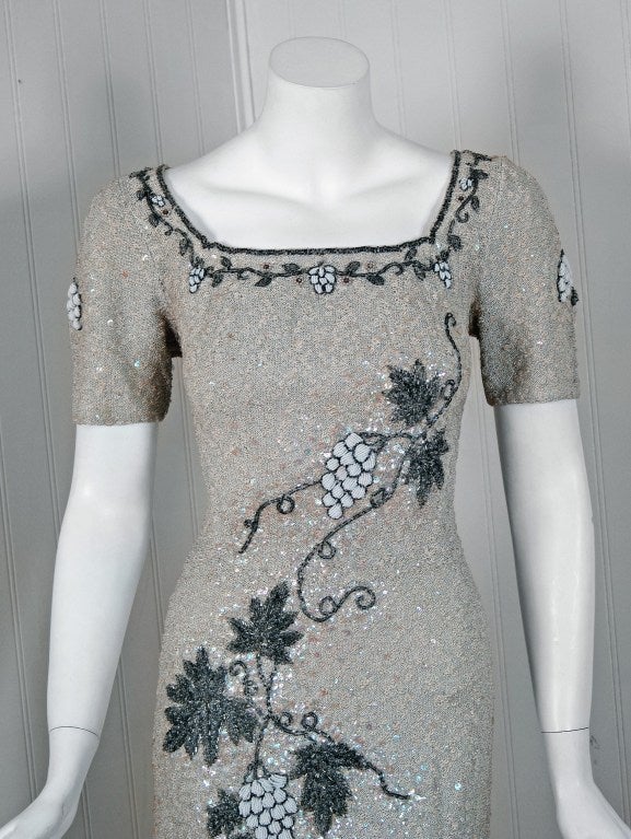 Women's 1950's Metallic-Silver Beaded Hand-Knit Wiggle Cocktail Dress