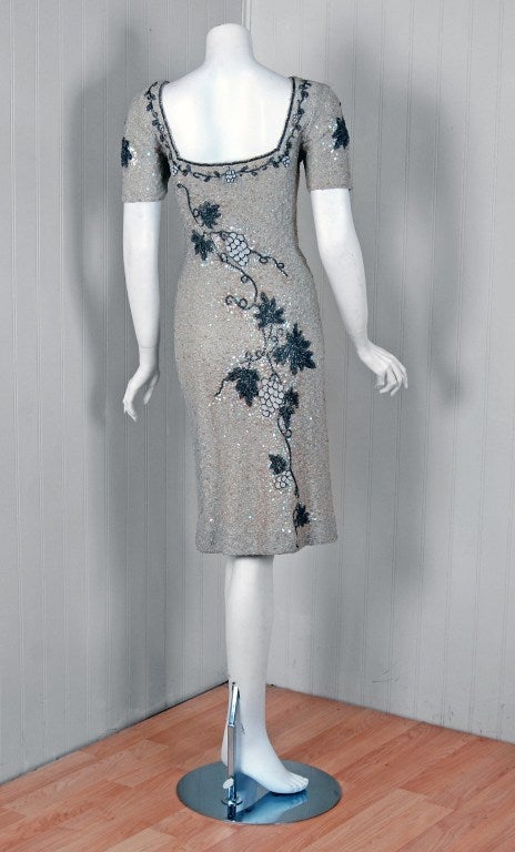 1950's Metallic-Silver Beaded Hand-Knit Wiggle Cocktail Dress 3